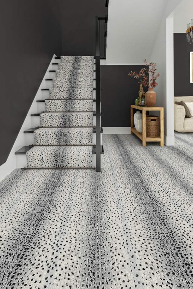 black and white patterned carpet on staircase and entryway